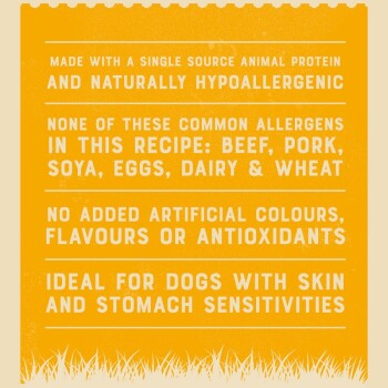 Orange background featuring a hypoallergenic dog food product with a single protein source, free from common allergens and artificial additives.
