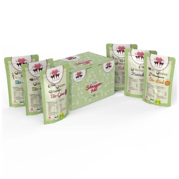 Bio-Mixpaket 6x100g Eine grüne Box mit der Aufschrift "Schnupper Paket", umgeben von fünf Beuteln mit biologischem Haustierfutter, einschließlich Sorten wie Bio-Gans, Bio-Rind und Kaninchen.