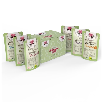 Zielone pudełko oznaczone "Schnupper Paket" otoczone pięcioma torebkami organicznej karmy dla zwierząt, w tym odmianami takimi jak Bio-Gans, Bio-Rind i Kaninchen.