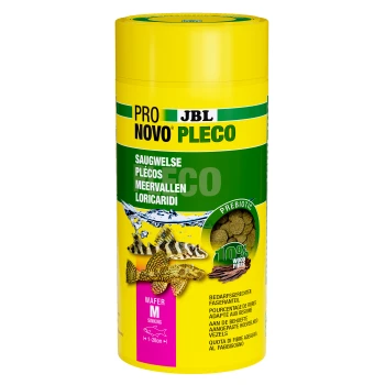 Pojemnik JBL Pro Novo Pleco z pokarmem dla ryb z żółtą etykietą, zdjęciami plecos i tekstem podkreślającym prebiotyczne wafle z 100% włókna drzewnego.