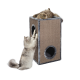 Two fluffy long-haired cats playing on a tall rectangular sisal cat condo with round openings and top perch.