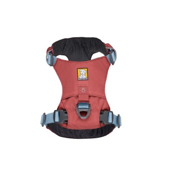 Rotes Hundegeschirr mit blauen Riemen und einem Ruffwear-Logo, mit verstellbaren Schnallen und einem gepolsterten Innenraum für Komfort.