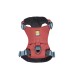 Rotes Hundegeschirr mit blauen Riemen und einem Ruffwear-Logo, mit verstellbaren Schnallen und einem gepolsterten Innenraum für Komfort.