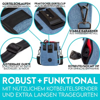 Blauer Denim-Haustierkotbeutelspender mit verstellbaren Riemen und Clips. Text: "ROBUST + FUNKTIONAL MIT NÜTZLICHEM KOTBEUTELSPENDER."