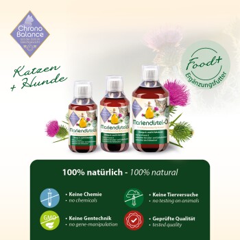 Flaschen mit 100% natürlichem Mariendistelöl für Haustiere, mit Symbolen für keine Chemikalien, keine GVO, keine Tierversuche und qualitätsgeprüft.