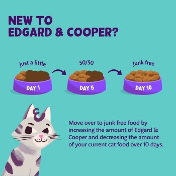 Illustration of a cat with three bowls labeled "Day 1," "Day 5," and "Day 10," showing how to transition to Edgard & Cooper food.