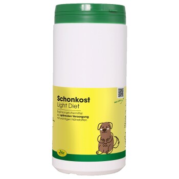 Behälter mit cdVet Schonkost Light Diät für Haustiere, mit einem grünen Deckel und gelbem Etikett mit dem Text 'Schonkost Light Diet' und einem Nieren-Icon.