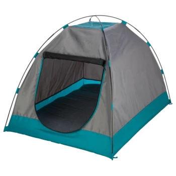 Grau und türkisfarbener Haustierzelt mit einem offenen Eingang, mit einem weichen Innenraum und einem stabilen Rahmen, ideal für kleine Tiere.