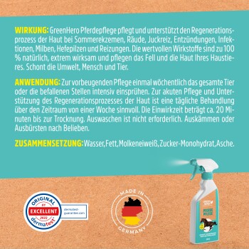 Entdecken Sie unsere Tierpflegeprodukte & Ergänzungsfuttermittel, mit verschiedenen Flaschen und Behältern, die 'GREEN HERO' beschriftet sind.