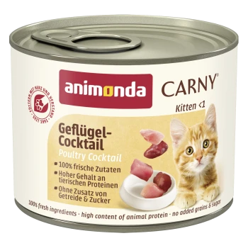 Dose Animonda Carny Kitten‑Nassfutter mit Aufschrift 'Geflügel‑Cocktail / Poultry Cocktail' und Katzenbaby‑Foto