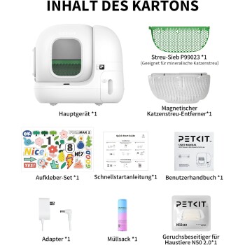 Inhalt der Box: Hauptgerät, grünes Streusieb, magnetischer Streuentferner, Aufkleberset, Schnellstartanleitung, Benutzerhandbuch, Adapter, Müllbeutel, PETKIT Geruchsentferner.