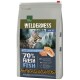 Katze Futterbeutel mit der Aufschrift "Wilderness Adult", mit einer getigerten Katze, und dem Text "70% Frischer Fisch" und "Lachs Saumon Salmon."