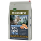 Katze Futterbeutel mit der Aufschrift "Wilderness Adult", mit einer getigerten Katze, und dem Text "70% Frischer Fisch" und "Lachs Saumon Salmon."