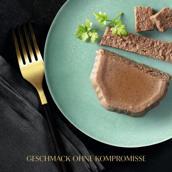 Ein grüner Teller zeigt eine Scheibe Haustierfutter-Pâté mit Koriander, kleinen Pâté-Stücken und einer goldenen Gabel. Der Text lautet "GESCHMACK OHNE KOMPROMISSE."