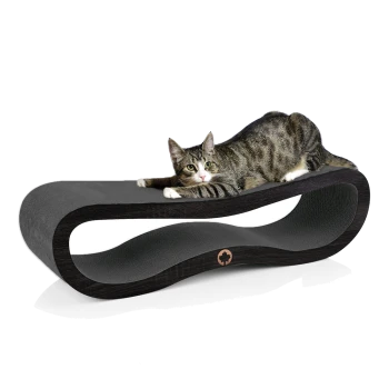 Ein eleganter, moderner Katzenkratzer in schwarzer Ausführung mit geschwungenem Design, mit einer entspannten getigerten Katze, die oben liegt.