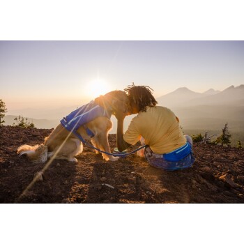 Eine Person mit Dreadlocks und einem gelben Shirt teilt einen zärtlichen Moment mit einem Golden Retriever, der ein blaues Geschirr trägt, bei Sonnenuntergang auf einem Berg.
