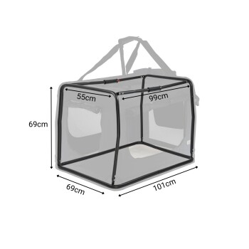 Ein schwarzes Haustierspielgehege mit Netzseiten, das 101 cm x 69 cm x 69 cm misst, entworfen für den Innen- oder Außenbereich.