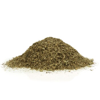 Eine Frau in einem karierten Hemd interagiert mit einem schwarzen Pferd auf einem sonnigen Feld. Text: "Für ein ausdauerndes Pferdeleben" und "Ohne chemische Zusätze."