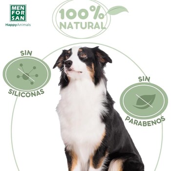 Ein schwarz-weißer Hund sitzt stolz, umgeben von Texten, die '100% NATÜRLICH', 'SIN SILICONAS' und 'SIN PARABENOS' hervorheben.