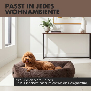 Stylische gestapelte Hundebetten in Greige, Oliv und Braun, mit Text, der die Größen (M & L) und das Design beschreibt.