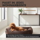 Stylische gestapelte Hundebetten in Greige, Oliv und Braun, mit Text, der die Größen (M & L) und das Design beschreibt.
