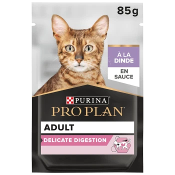Kat voedselzak met een Bengaalse kat, gelabeld 'Purina Pro Plan Adult Delicate Digestion,' met de tekst 'À la dinde en sauce', 85g.