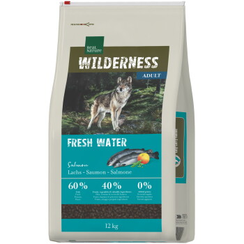 Beutel Real Nature Wilderness Adult-Tiernahrung, Wolfsbild, 'Fresh Water' Lachs, 60% Fisch, 40% Obst/Gemüse, 0% Getreide, 12 kg.