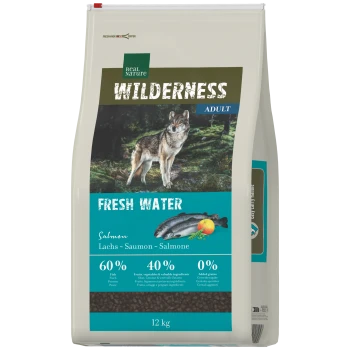 Beutel Real Nature Wilderness Adult-Tiernahrung, Wolfsbild, 'Fresh Water' Lachs, 60% Fisch, 40% Obst/Gemüse, 0% Getreide, 12 kg.