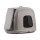 Graue Haustiertrage mit einem Netzfenster und einer seitlichen Klappe, entworfen für Komfort und Belüftung.