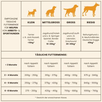 Infografik mit täglichen Fütterungsempfehlungen für Arbeits- und Sportwelpen, kategorisiert nach Größe: klein, mittel, groß und riesig.