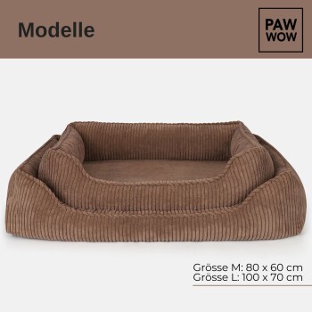 Braunes Haustierbett mit erhöhten Rändern, beschriftet mit "Modelle" und "PAW WOW", zeigt die Größen M (80x60 cm) und L (100x70 cm).