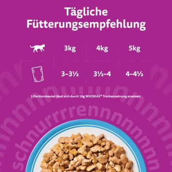 Fütterungsleitfaden: 'Tägliche Fütterungsempfehlung' mit 3 kg/4 kg/5 kg und Portionen 3–3½, 3½–4, 4–4½; Teller mit Katzenfutter.