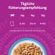 Fütterungsleitfaden: 'Tägliche Fütterungsempfehlung' mit 3 kg/4 kg/5 kg und Portionen 3–3½, 3½–4, 4–4½; Teller mit Katzenfutter.