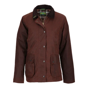 Braune gewachste Baumwolljacke mit Cordkragen, vorderen Druckknöpfen und zwei Klappentaschen, gezeigt auf weißem Hintergrund.