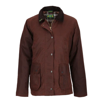 Braune gewachste Baumwolljacke mit Cordkragen, vorderen Druckknöpfen und zwei Klappentaschen, gezeigt auf weißem Hintergrund.