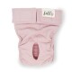 Eine weiche rosa Haustierwindel mit einem Klettverschluss und einer Öffnung für den Schwanz, auf dem Etikett steht 'Lill's'.