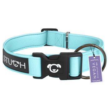 Hundehalsband gepolstert u. verstellbar türkis S Ein hellblaues Hundehalsband mit einer schwarzen Schnalle, die ein Hundelogo zeigt, beschriftet mit "STUCH" und einem Anhänger, der "PETA APPROVED VEGAN" liest.
