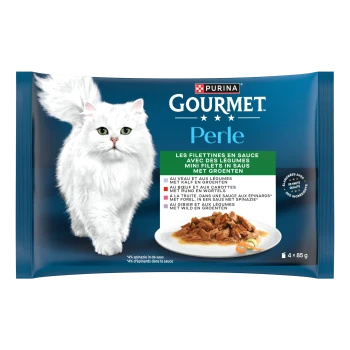 Purina Gourmet Perle kattenvoerverpakking met witte langharige kat, bord met vlees in saus, etiket 'GOURMET Perle' en '4 x 85 g'