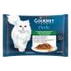 Pack Purina Gourmet Perle pour chat avec chat blanc à poil long, assiette de viande en sauce, étiquette «GOURMET Perle» et «4 x 85 g»