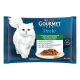 Purina Gourmet Perle kattenvoerverpakking met witte langharige kat, bord met vlees in saus, etiket 'GOURMET Perle' en '4 x 85 g'
