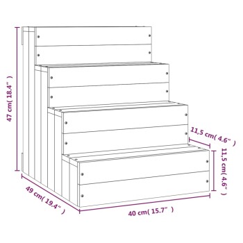 Diagramm von Haustiertreppen mit beschrifteten Abmessungen: Höhe 47 cm (18,4"), Breite 49 cm (19,4"), Tiefe 40 cm (15,7"), Stufenhöhe 11,5 cm (4,6").