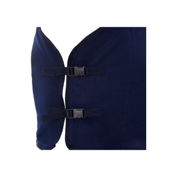 Marineblaue Haustierweste mit verstellbaren Schnallen auf der Vorderseite für eine sichere Passform.