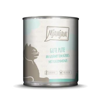 Katzenfutterdose mit einer Katzensilhouette, beschriftet mit "GUTE PUTE mit Kürbis & Katzenminze," behauptet, dass es getreidefrei und mit hohem Fleischanteil ist.
