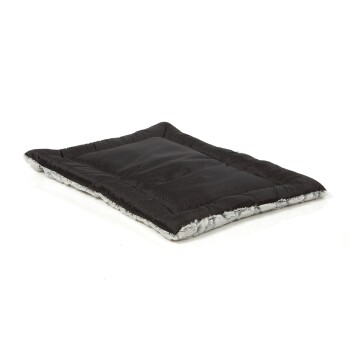 Schwarzes Haustierbett mit einem weichen, plüschigen grauen Rand, mit einem gesteppten Design für Komfort.