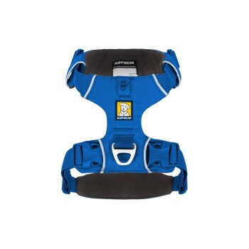 Ein blauer Hundegeschirr mit verstellbaren Riemen und einem gepolsterten Brustbereich, mit dem Ruffwear-Logo und einem Bereich für ein ID-Tag.