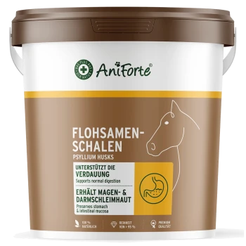 Behälter mit AniForte Flohsamen für Pferde, beschriftet auf Deutsch mit Text über Verdauungsunterstützung und Schleimhautschutz.