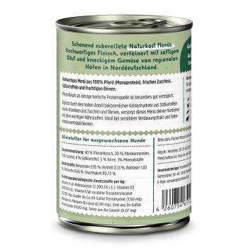 Dose mit natürlichem Hundefutter, das 100% Pferdefleisch, Zucchini, Süßkartoffeln und Birnen enthält. Nährwertangaben und Zutaten aufgelistet.