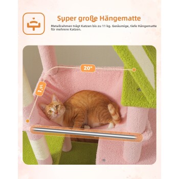 Hoher rosa-grüner Kratzbaum mit mehreren Katzen, Text zur Eignung für supergroße Katzen, Frau hält eine Katze.