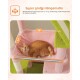 Hoher rosa-grüner Kratzbaum mit mehreren Katzen, Text zur Eignung für supergroße Katzen, Frau hält eine Katze.