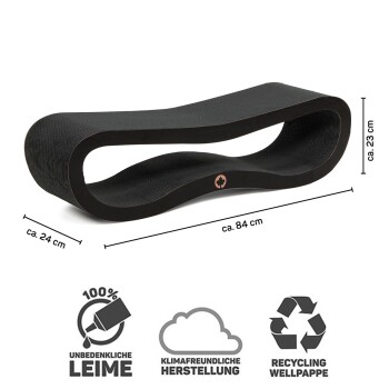 Schwarzer Katzenkratzbaum mit Wellen-Design, etwa 84 cm lang, 24 cm breit und 23 cm hoch; umweltfreundliche Materialien-Symbole darunter.